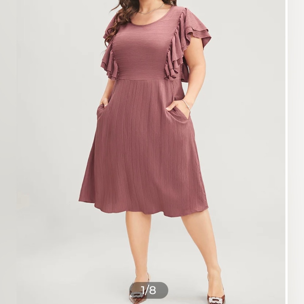 Ruffle Trim Pocket Round Neck Midi Dress